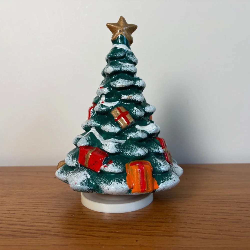 Vintage Hand Painted Ceramic Musical Christmas Tree Jingle Bells Teddy Bear